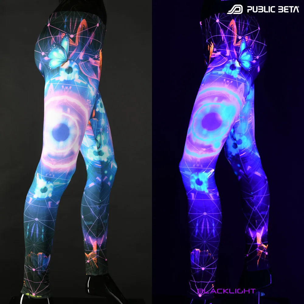 Split image of leggings with uv-reactive psychedelic art print shown in natural light and glowing under blacklight