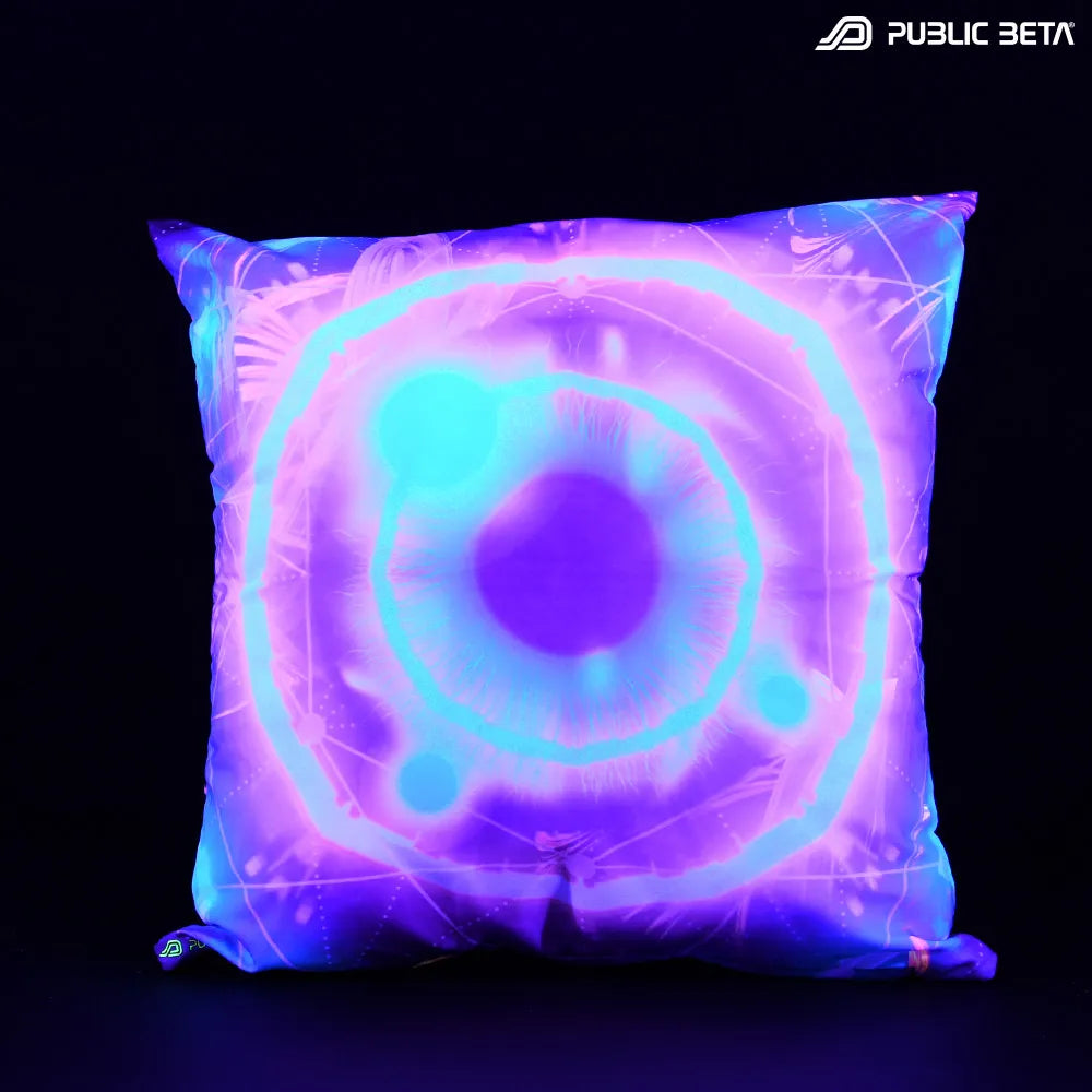 Cushion Cover with UV-reactive graphics glowing under blacklight