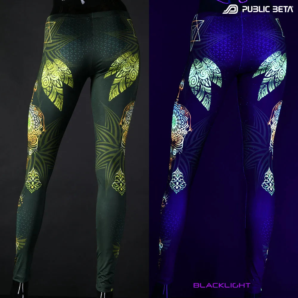 Uv reactive psychedelic art printed leggings shown in natural light and glowing under blacklight split image view