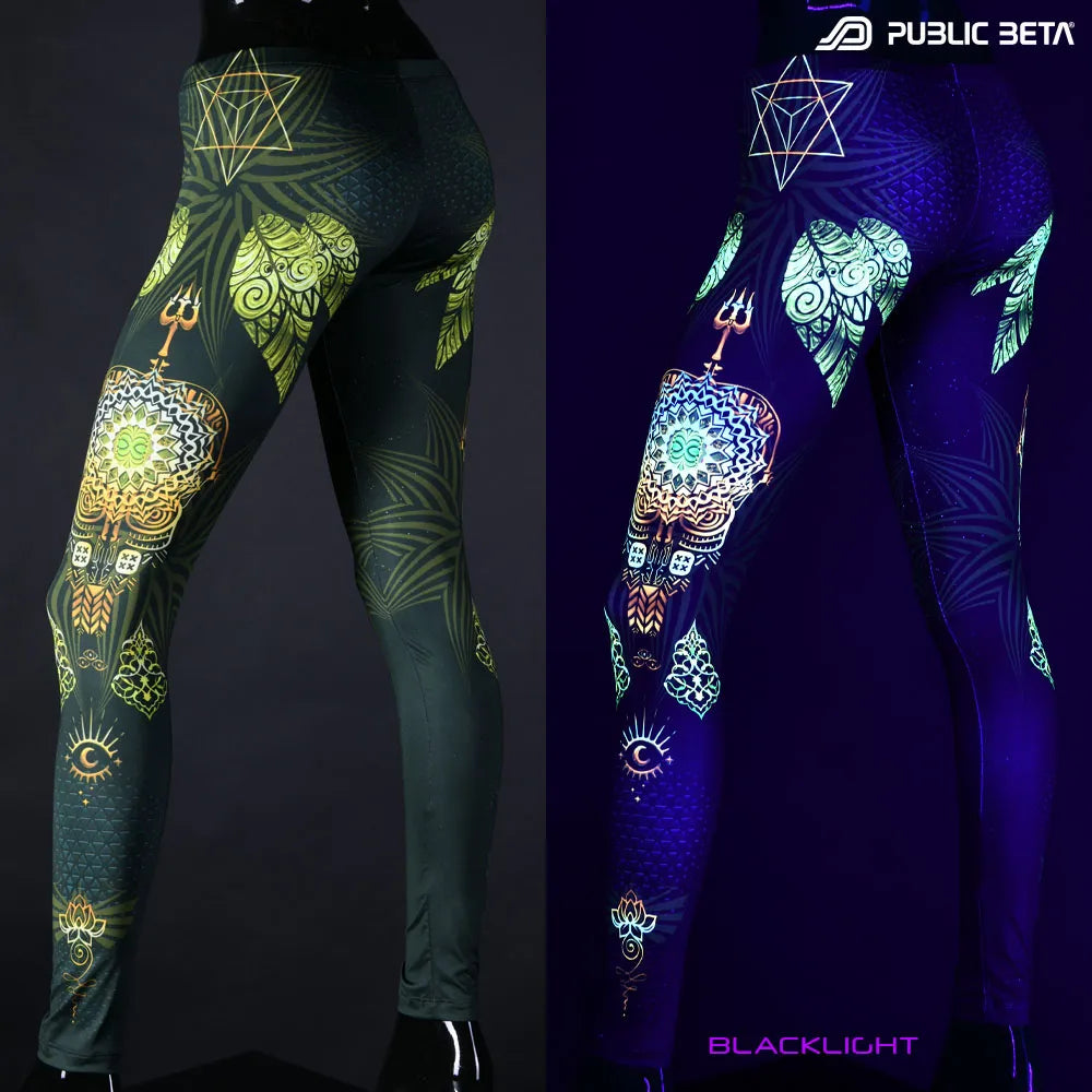 Uv reactive psychedelic art printed leggings shown in natural light and glowing under blacklight split image view