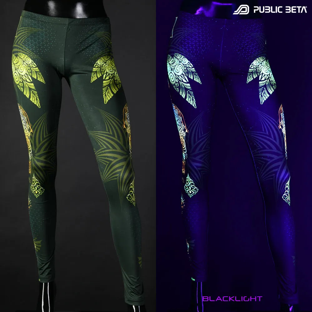 Uv reactive psychedelic art printed leggings shown in natural light and glowing under blacklight split image view