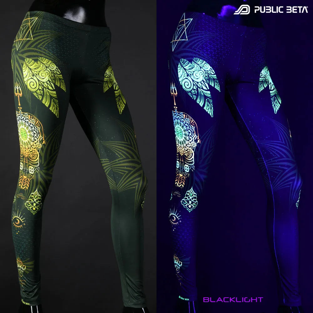Uv reactive psychedelic art printed leggings shown in natural light and glowing under blacklight split image view