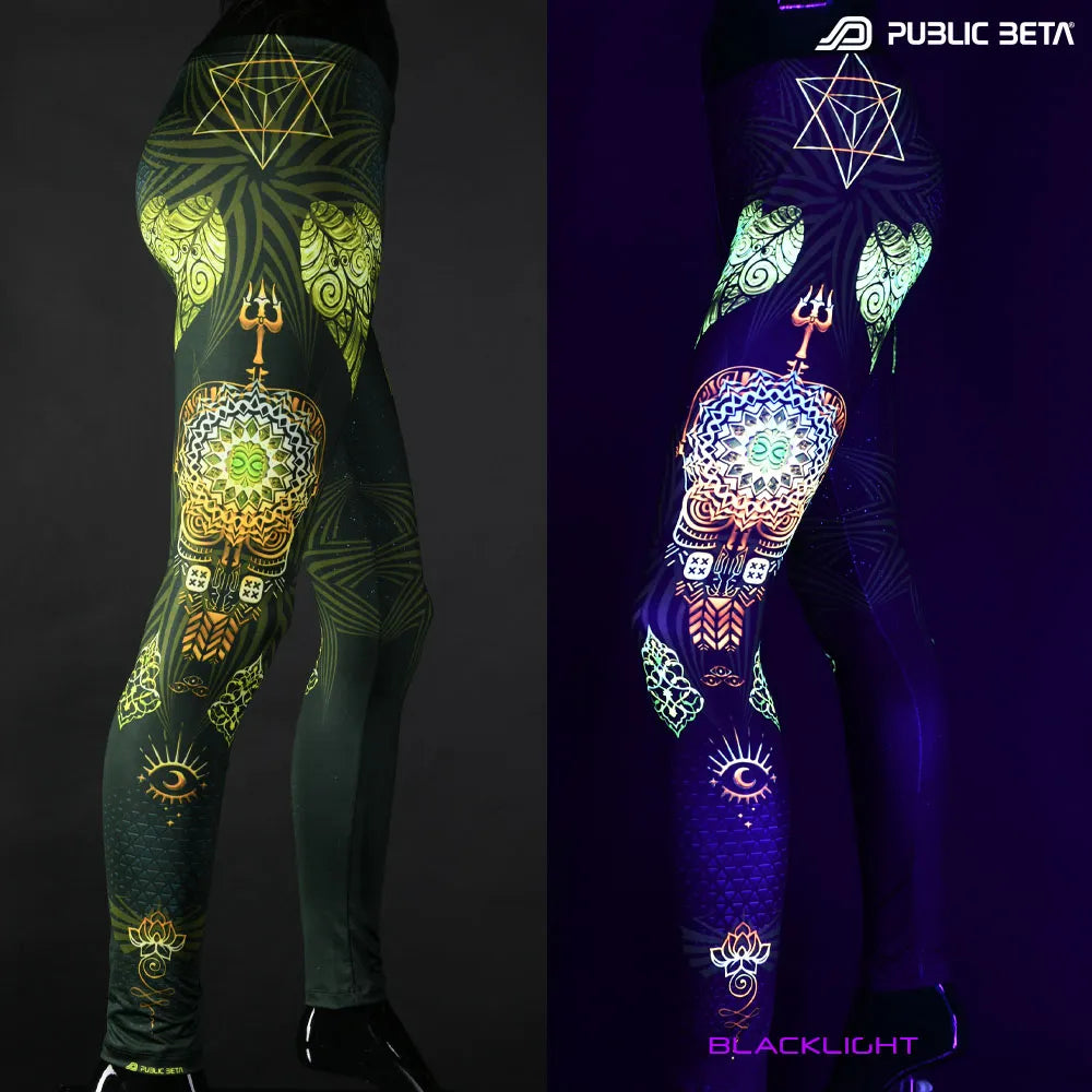 Uv reactive psychedelic art printed leggings shown in natural light and glowing under blacklight split image view