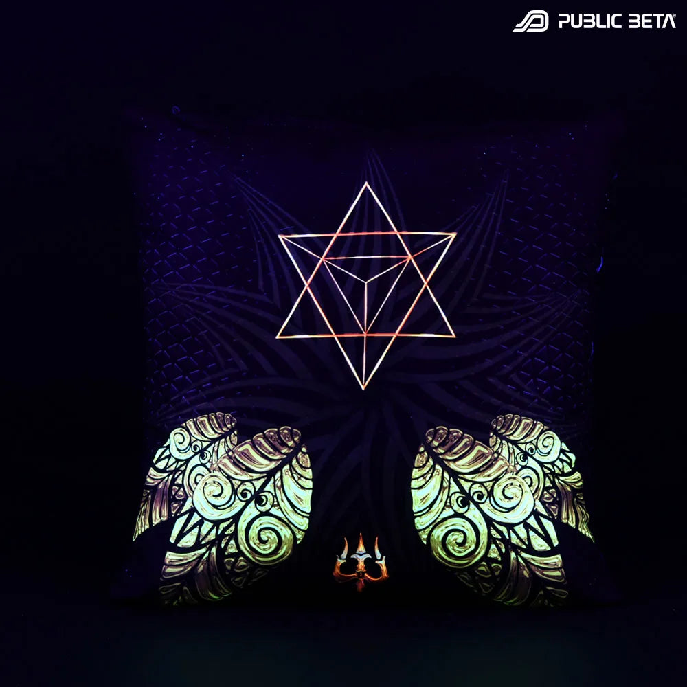 Cushion Cover with UV-reactive graphics glowing under blacklight