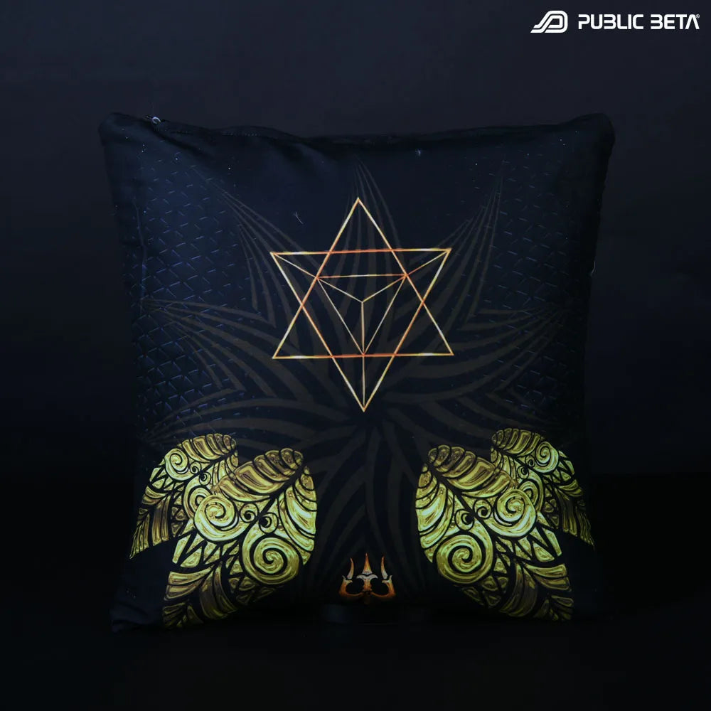 Cushion Cover with UV-reactive psychedelic art print, photographed in natural light