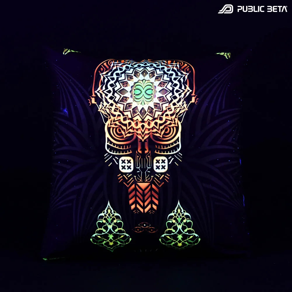 Cushion Cover with UV-reactive graphics glowing under blacklight