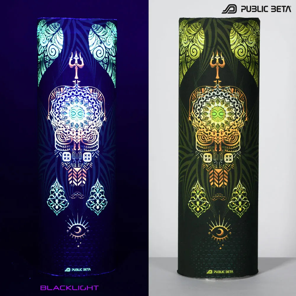 split image of a tube scarf with uv-reactive graphics shown in natural light and glowing under blacklight