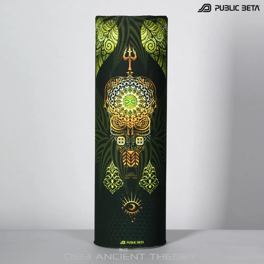 Tube scarf th UV-reactive psychedelic art print, photographed in natural light