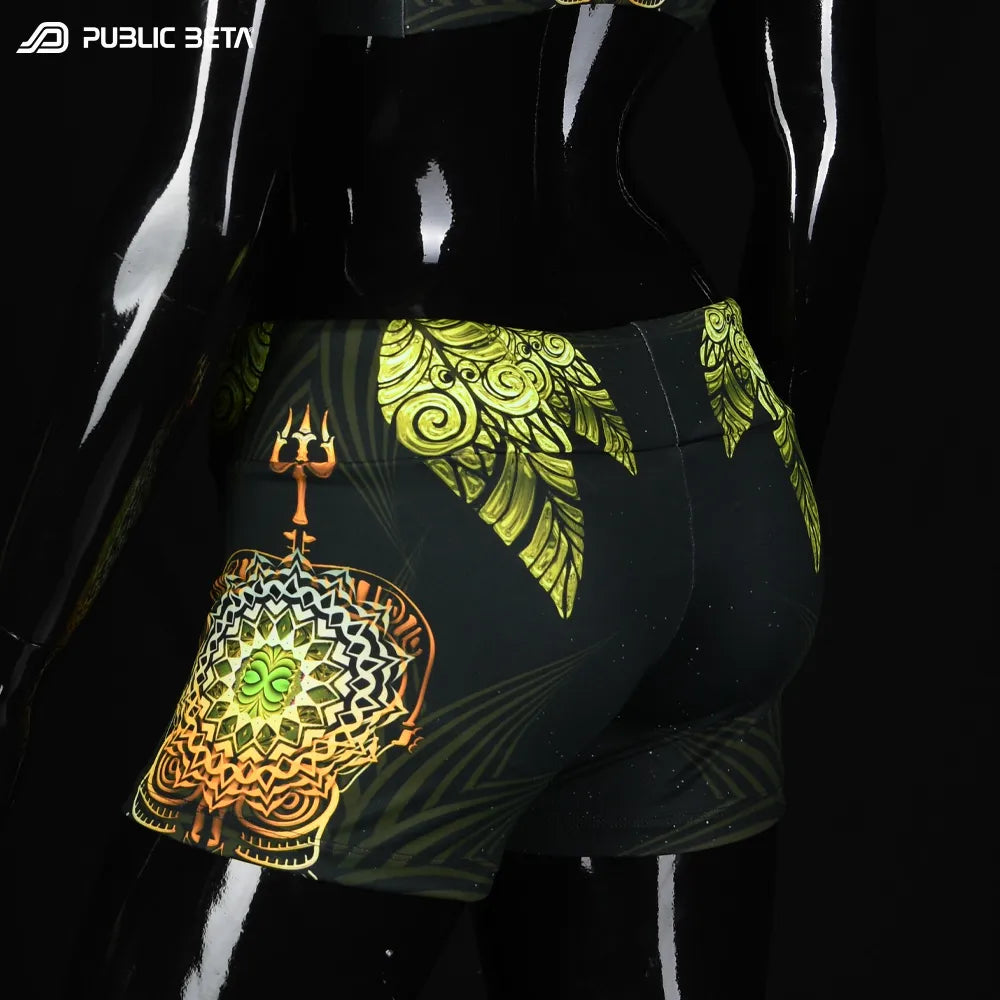 Shorts women with UV-reactive printed graphics, photographed in natural light 