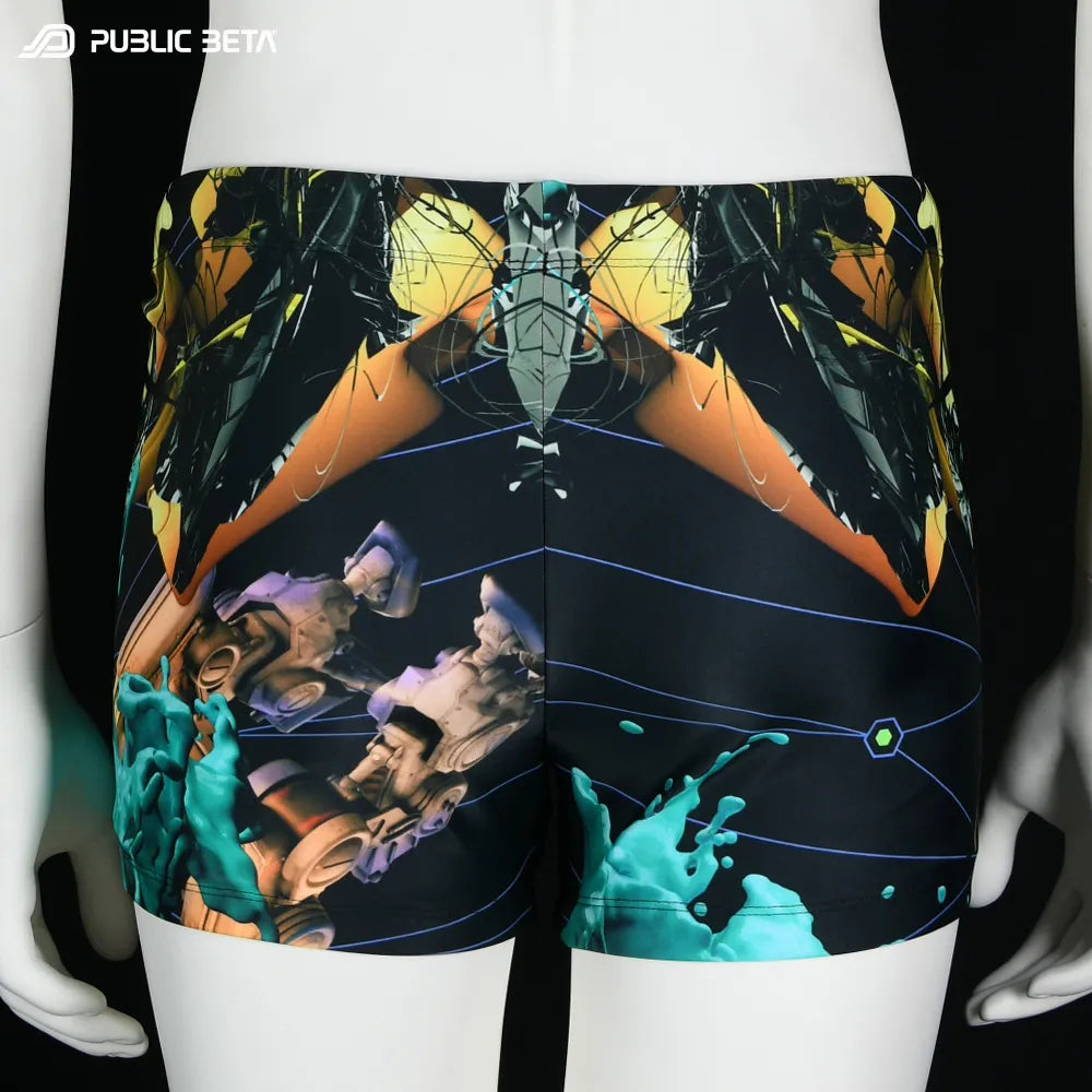 Swim shorts with UV-reactive futuristic graphics, photographed in natural light