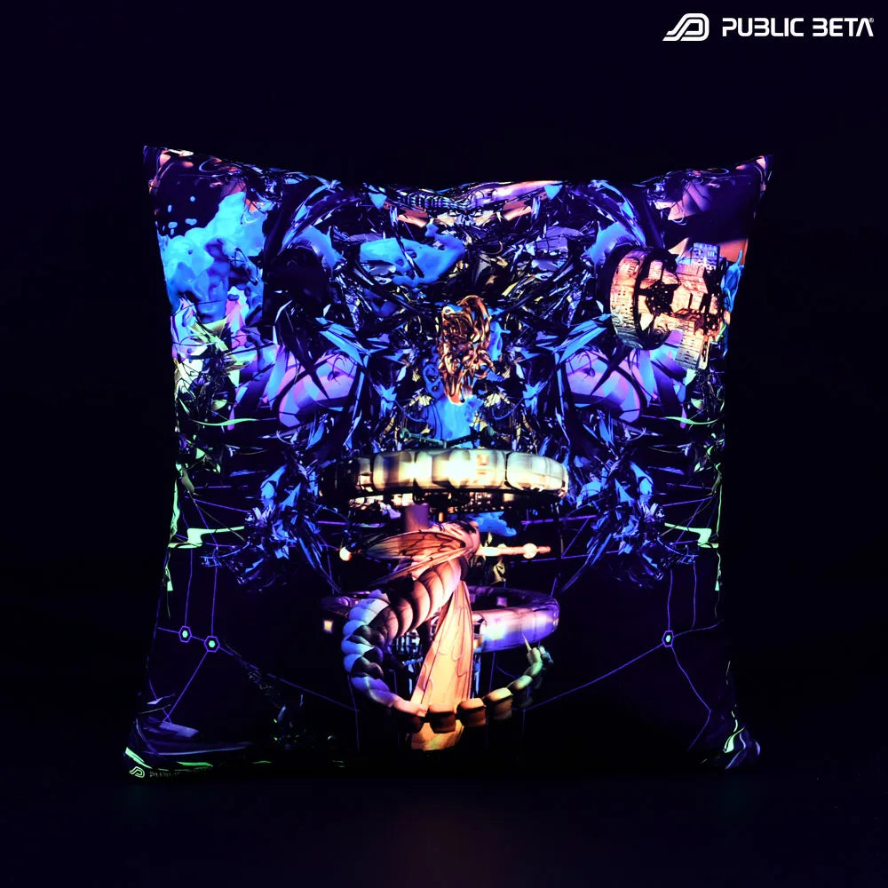 Cushion Cover with UV-reactive graphics glowing under blacklight