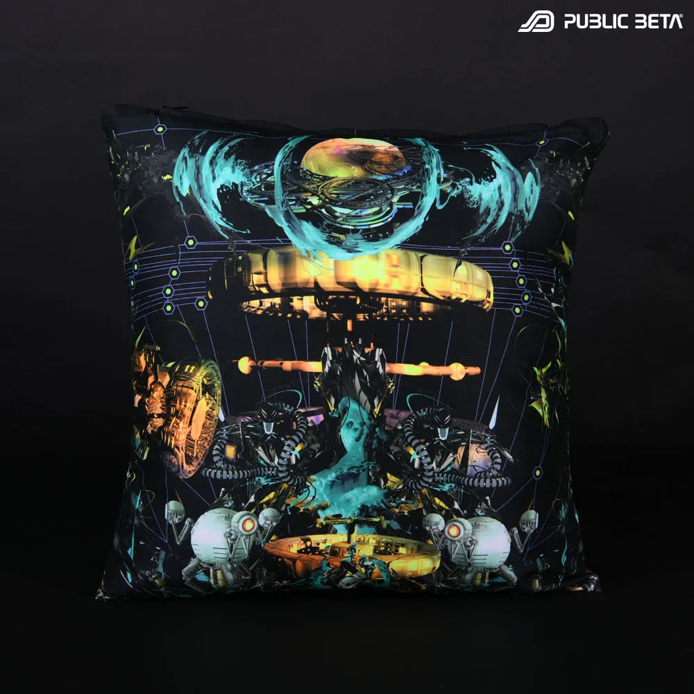 Cushion Cover with UV-reactive psychedelic art print, photographed in natural light