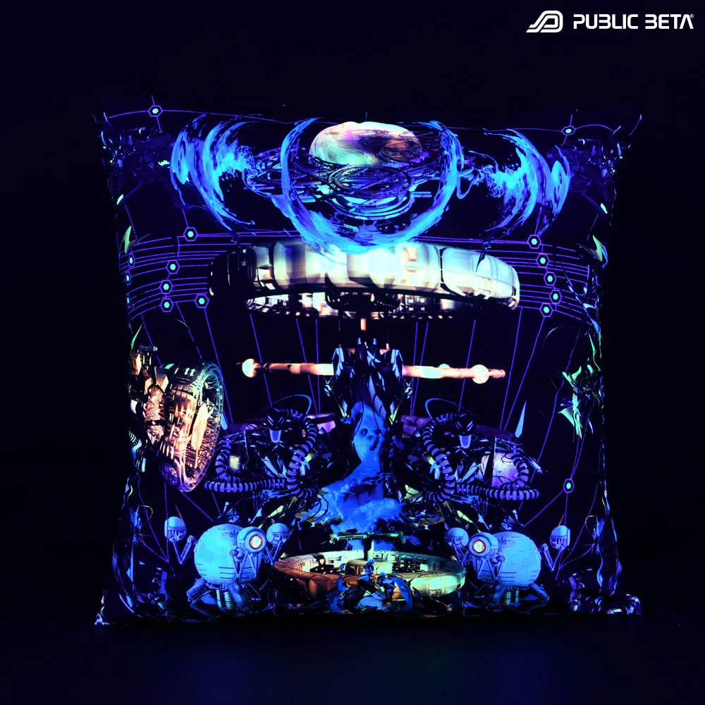 Cushion Cover with UV-reactive graphics glowing under blacklight