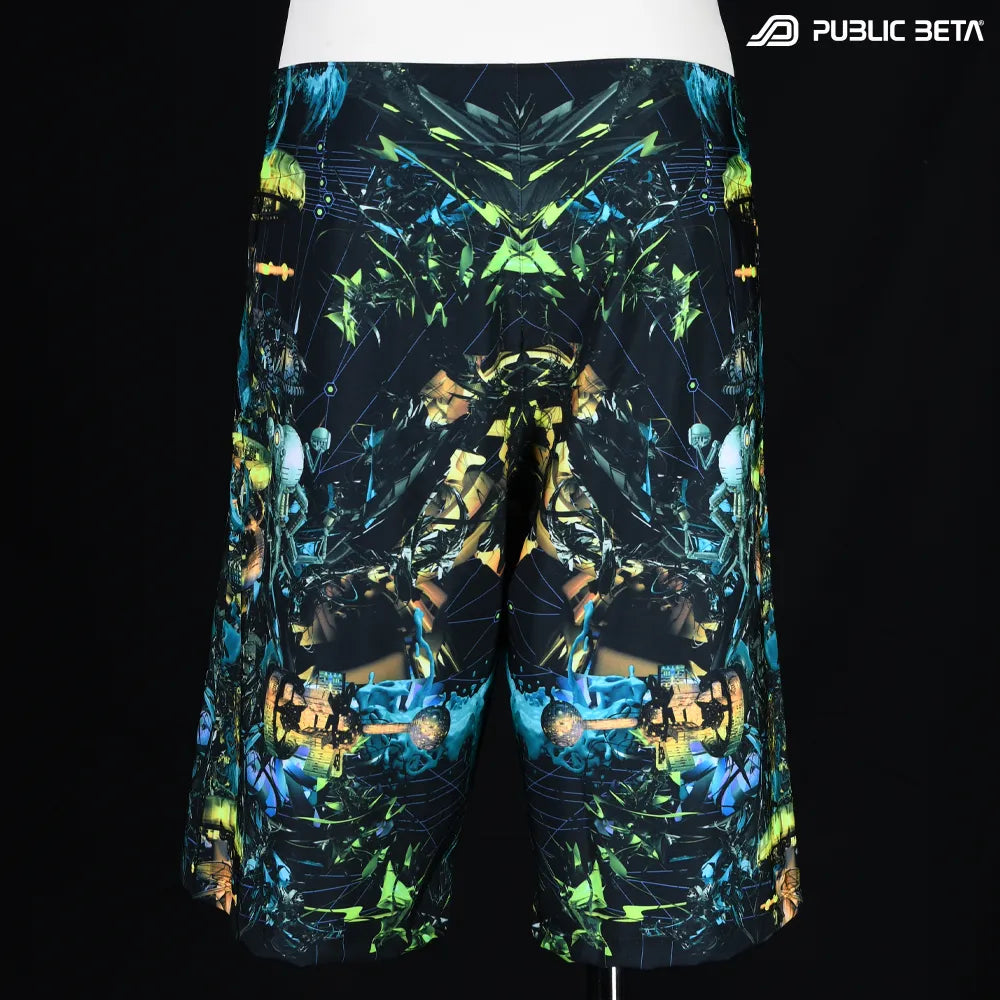 Boardshorts with UV-reactive futuristic graphics, photographed in natural light