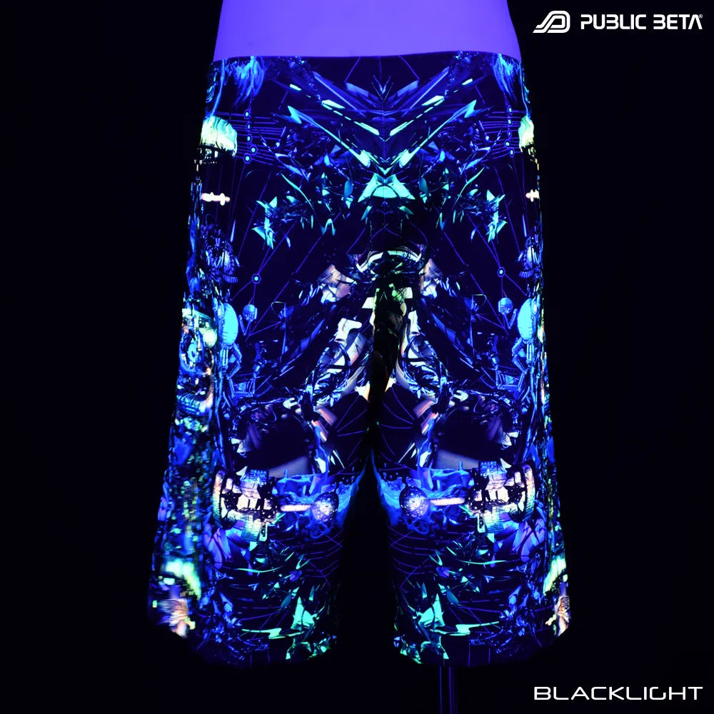 Boardshorts with UV-reactive graphics glowing under blacklight