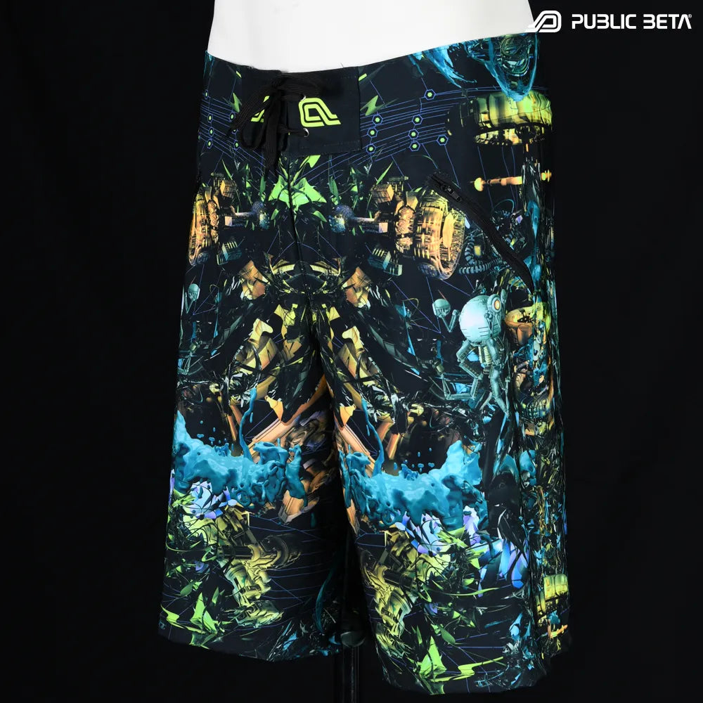 Boardshorts with UV-reactive futuristic graphics, photographed in natural light