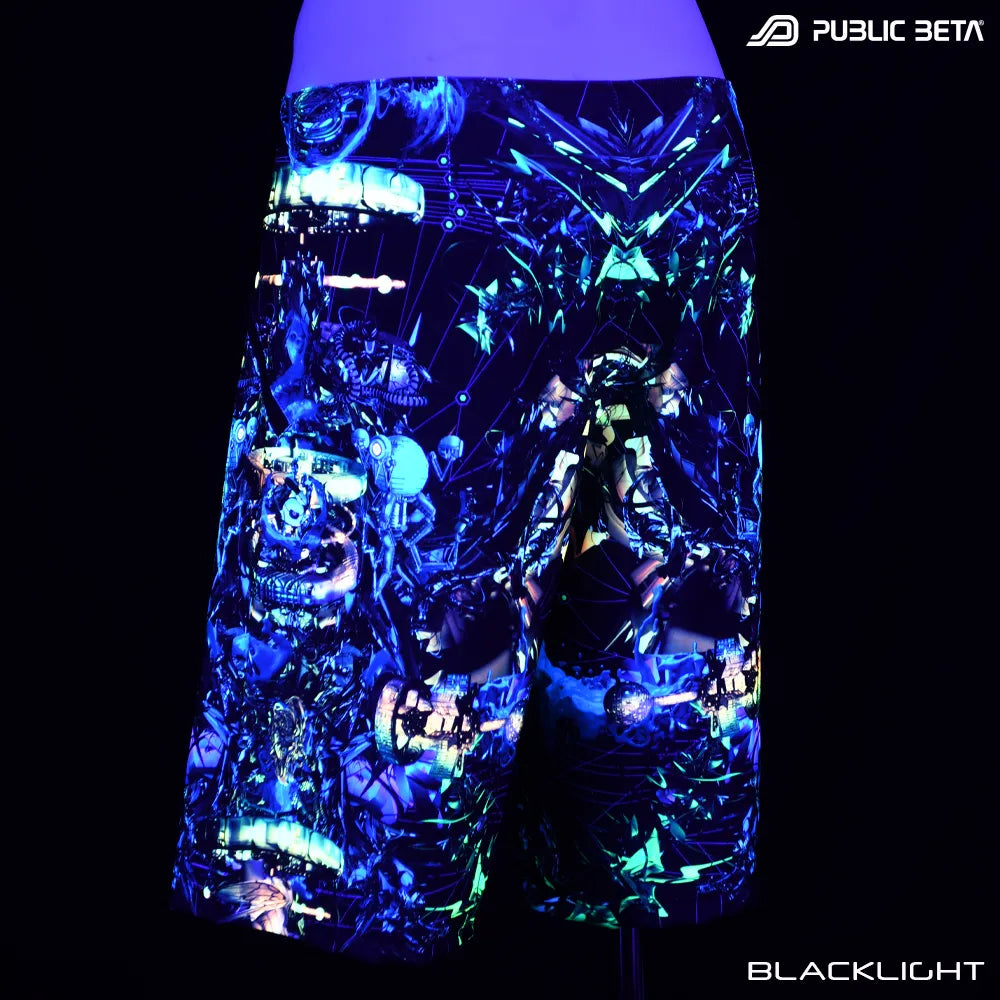 Boardshorts with UV-reactive graphics glowing under blacklight