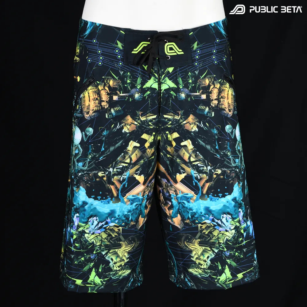 Boardshorts with UV-reactive futuristic graphics, photographed in natural light