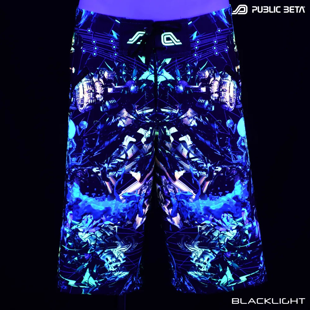 Boardshorts with UV-reactive graphics glowing under blacklight front view