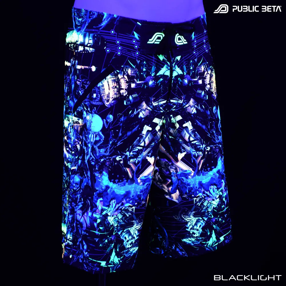 Boardshorts with UV-reactive graphics glowing under blacklight