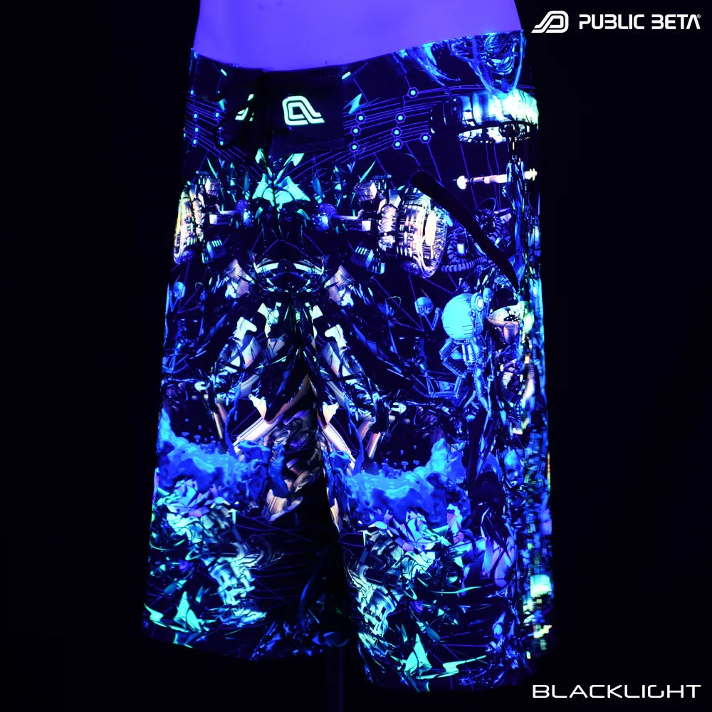 Boardshorts with UV-reactive graphics glowing under blacklight