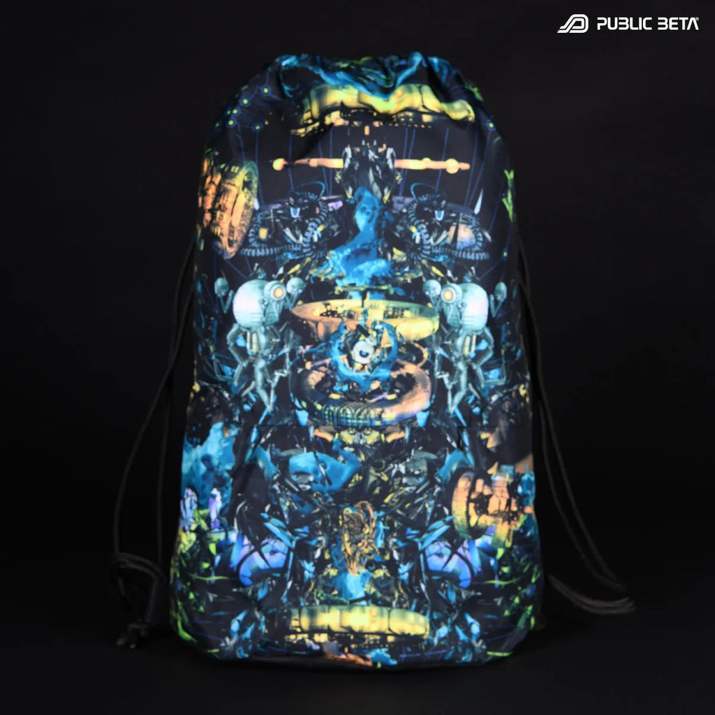 Drawstring bag with UV-reactive psychedelic art graphics 
