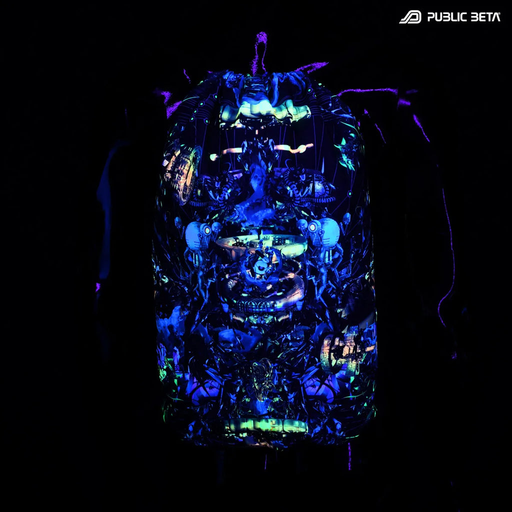 D184 Perception Drawstring bag with UV-reactive psychedelic art graphics glowing under blacklight