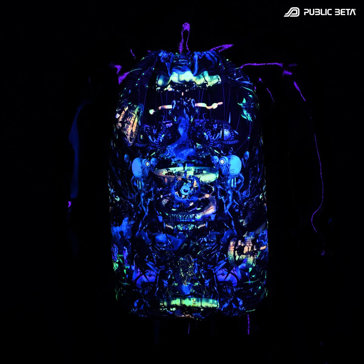 D184 Perception Drawstring bag with UV-reactive psychedelic art graphics glowing under blacklight