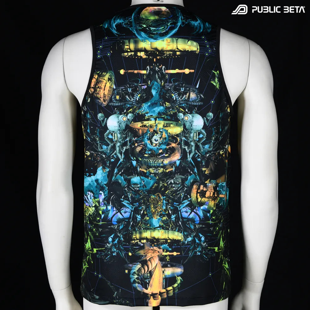 Sleeveless Shirt with UV-reactive printed graphics, photographed in natural light 