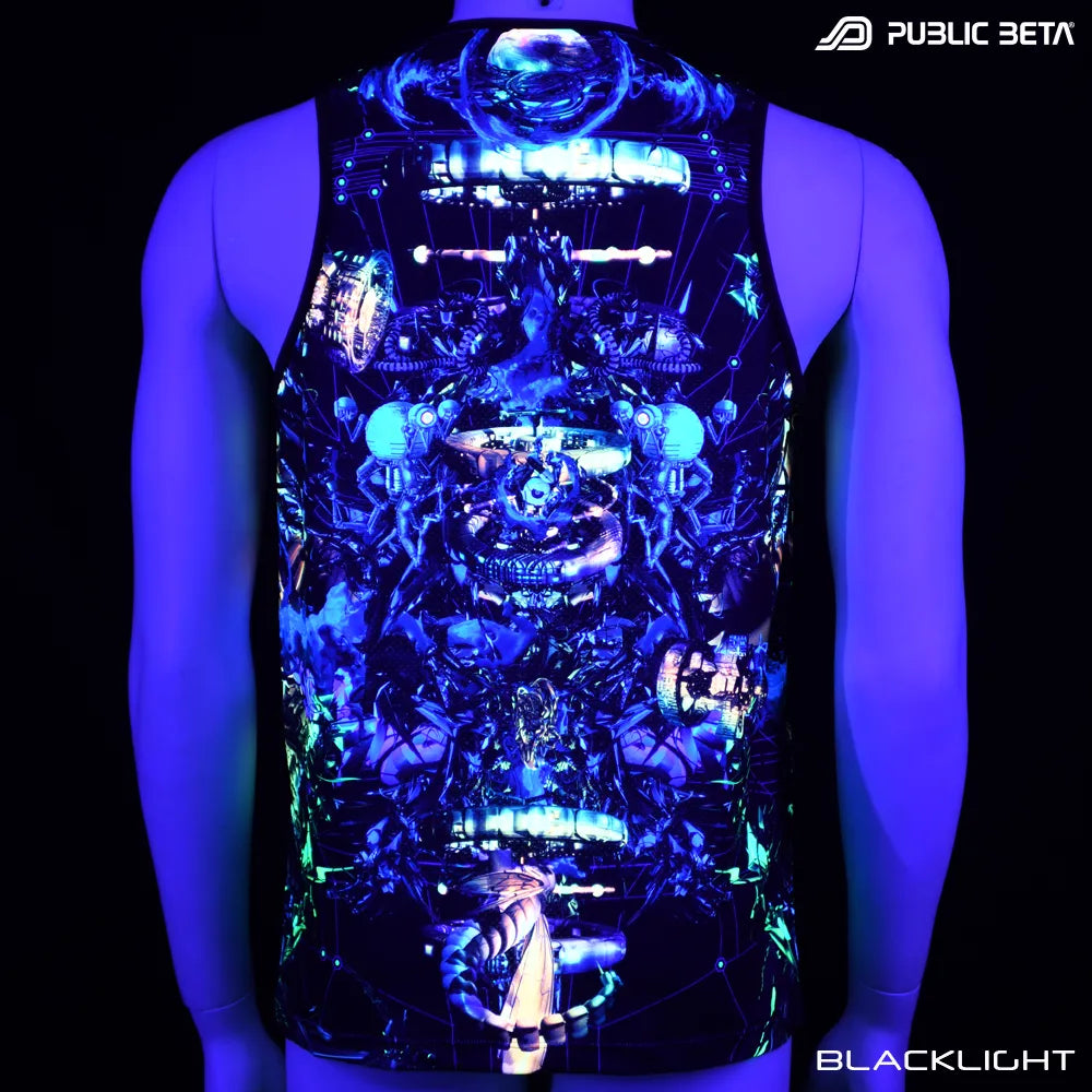 Sleeveless Shirt with UV-reactive futuristic print glowing under blacklight
