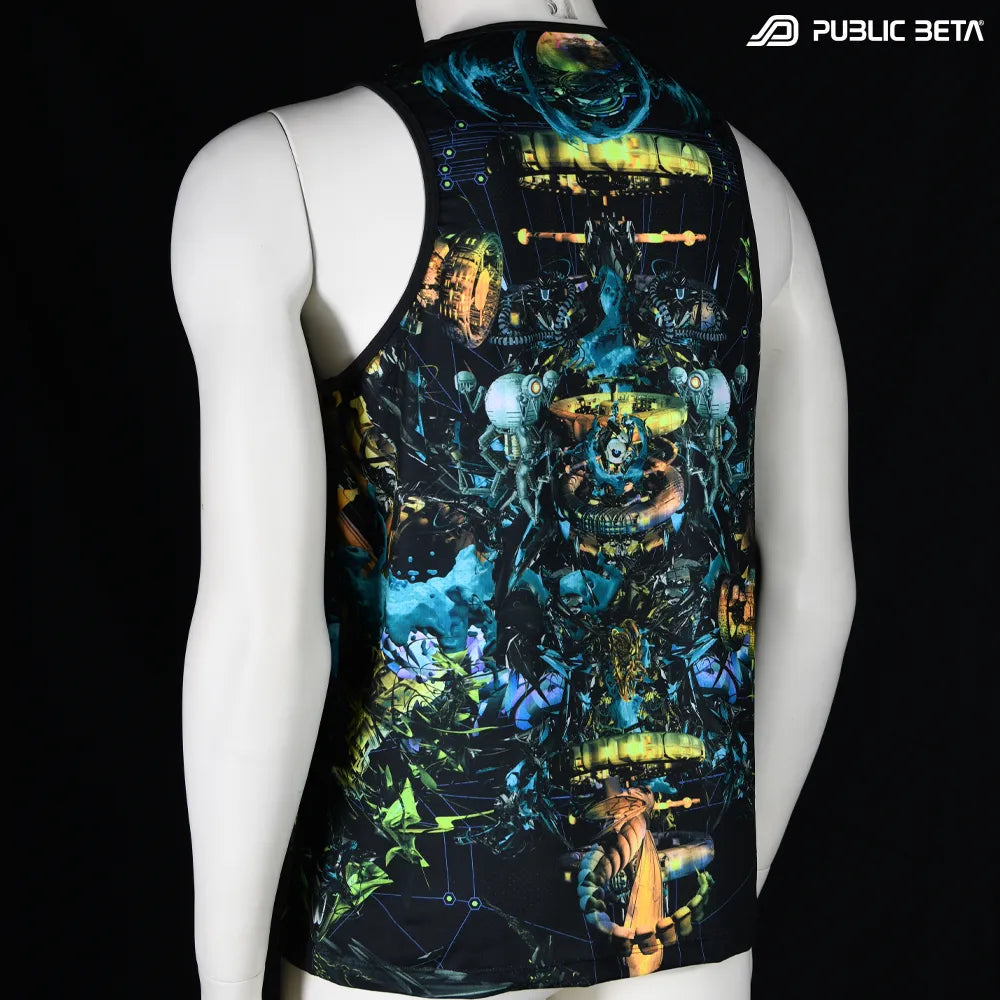Sleeveless Shirt with UV-reactive printed graphics, photographed in natural light 