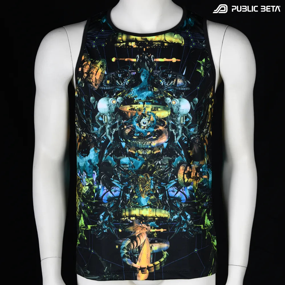 Sleeveless Shirt with UV-reactive printed graphics, photographed in natural light front view