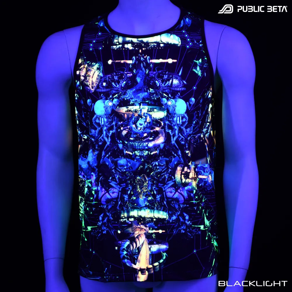Sleeveless Shirt with UV-reactive futuristic print glowing under blacklight