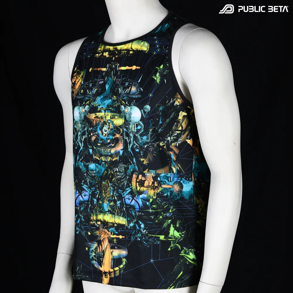 Sleeveless Shirt with UV-reactive printed graphics, photographed in natural light 