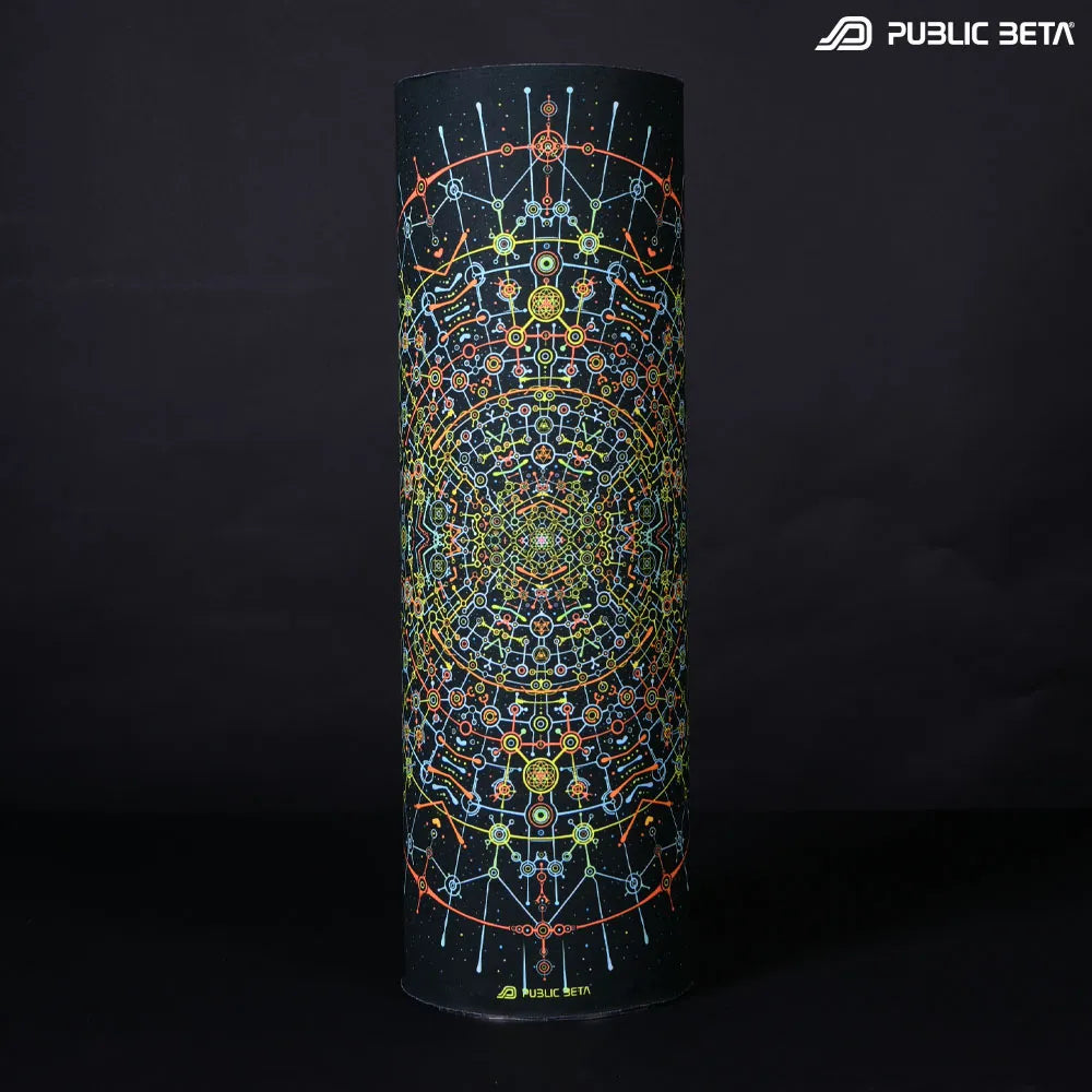 Tube scarf th UV-reactive psychedelic art print, photographed in natural light