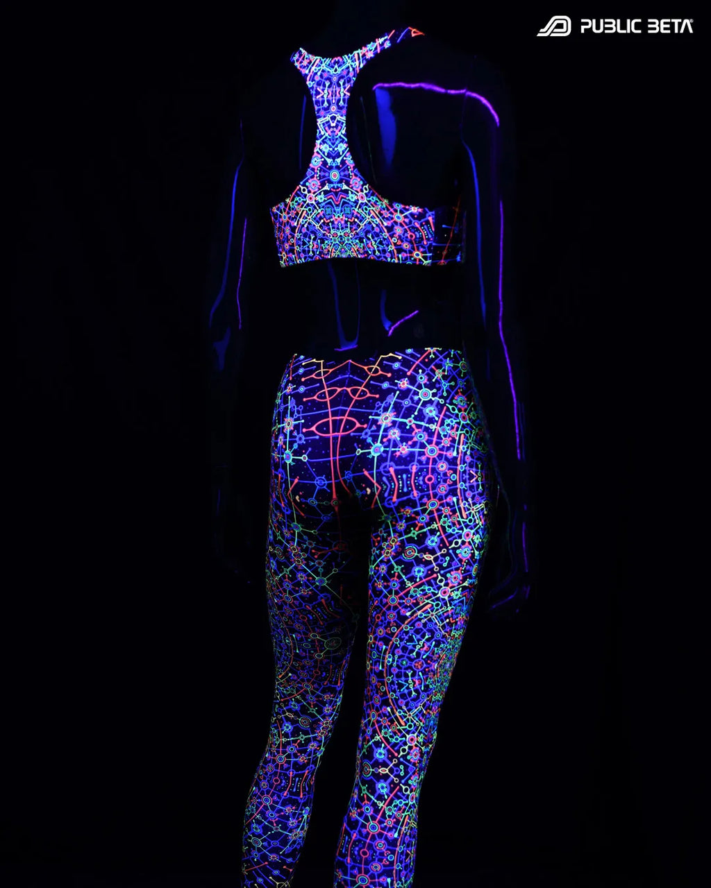 Active top  and leggings with UV reactive art print glowing under blacklight