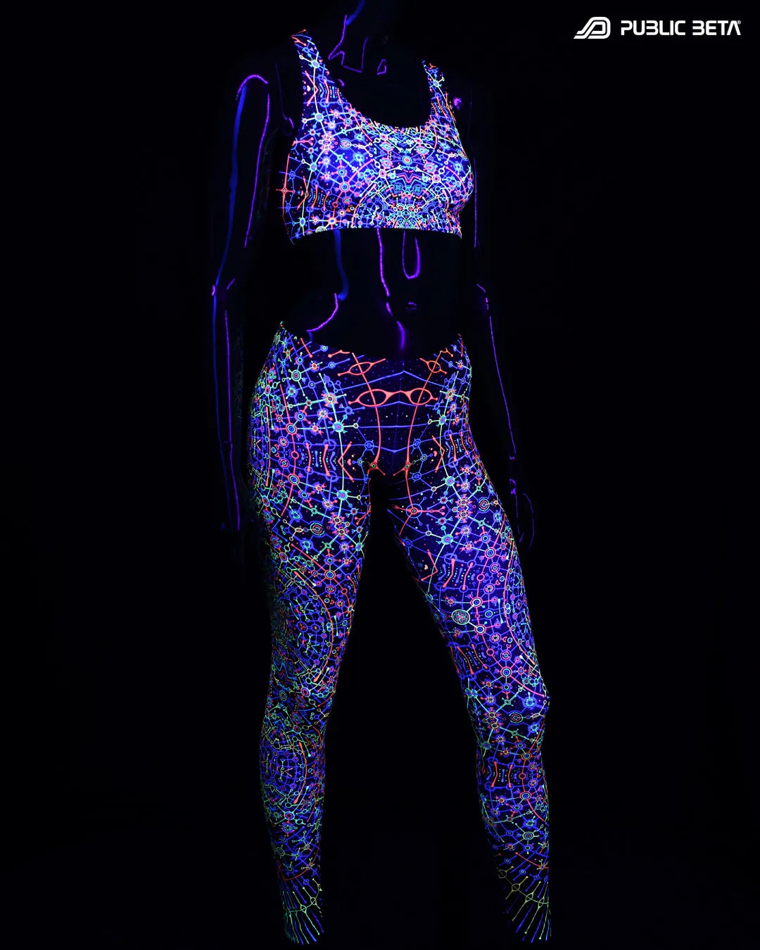 Active top  and leggings with UV reactive art print glowing under blacklight