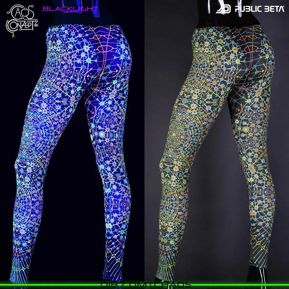Uv reactive psychedelic art printed leggings shown in natural light and glowing under blacklight split image view