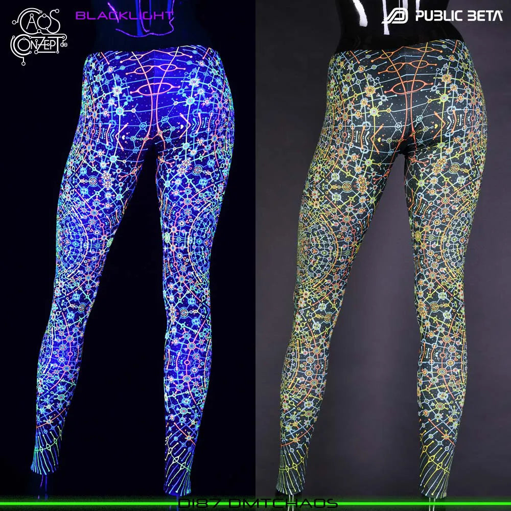 Uv reactive psychedelic art printed leggings shown in natural light and glowing under blacklight split image view