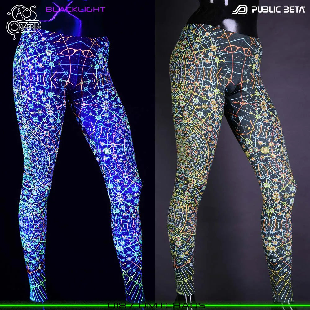 Uv reactive psychedelic art printed leggings shown in natural light and glowing under blacklight split image view