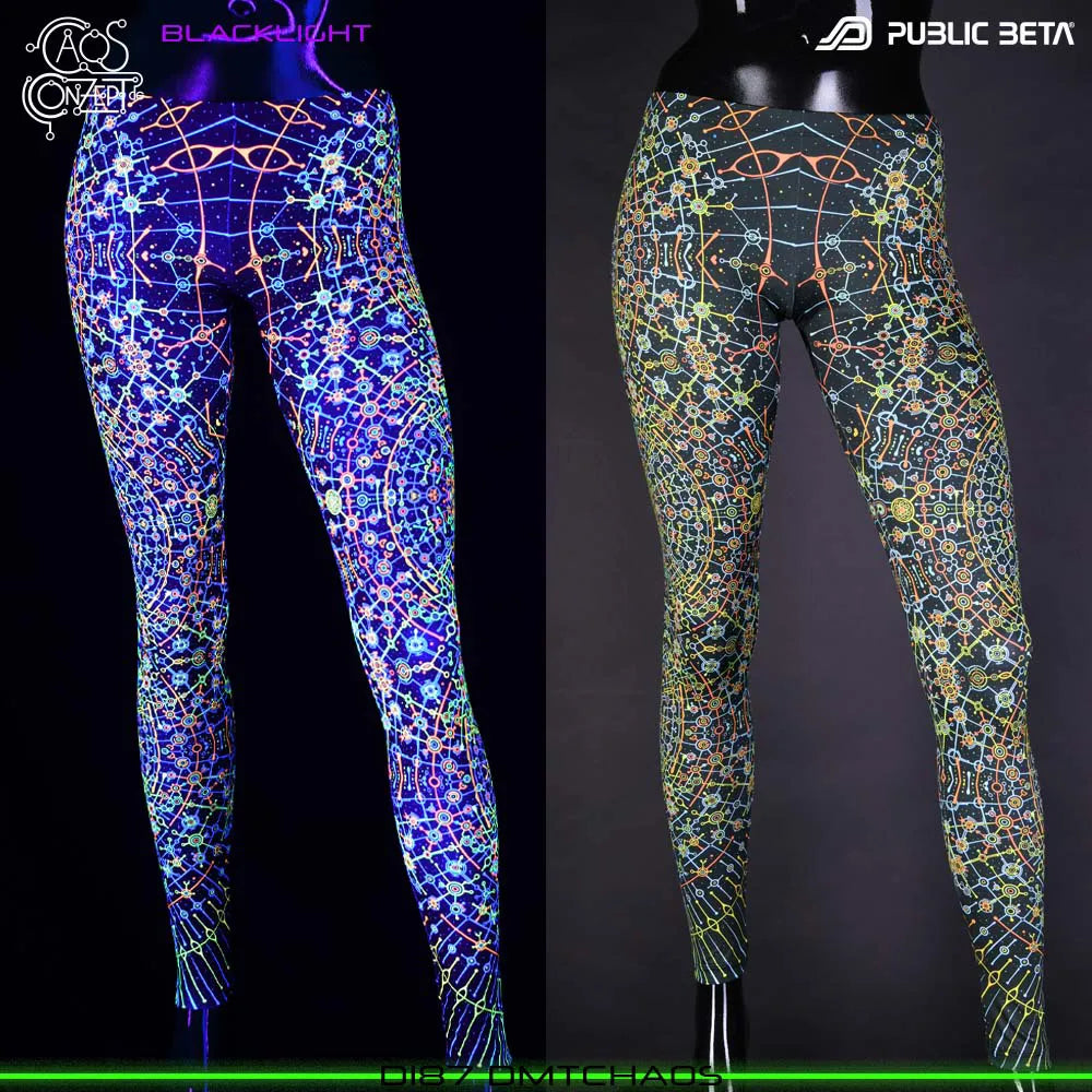 Uv reactive psychedelic art printed leggings shown in natural light and glowing under blacklight split image view