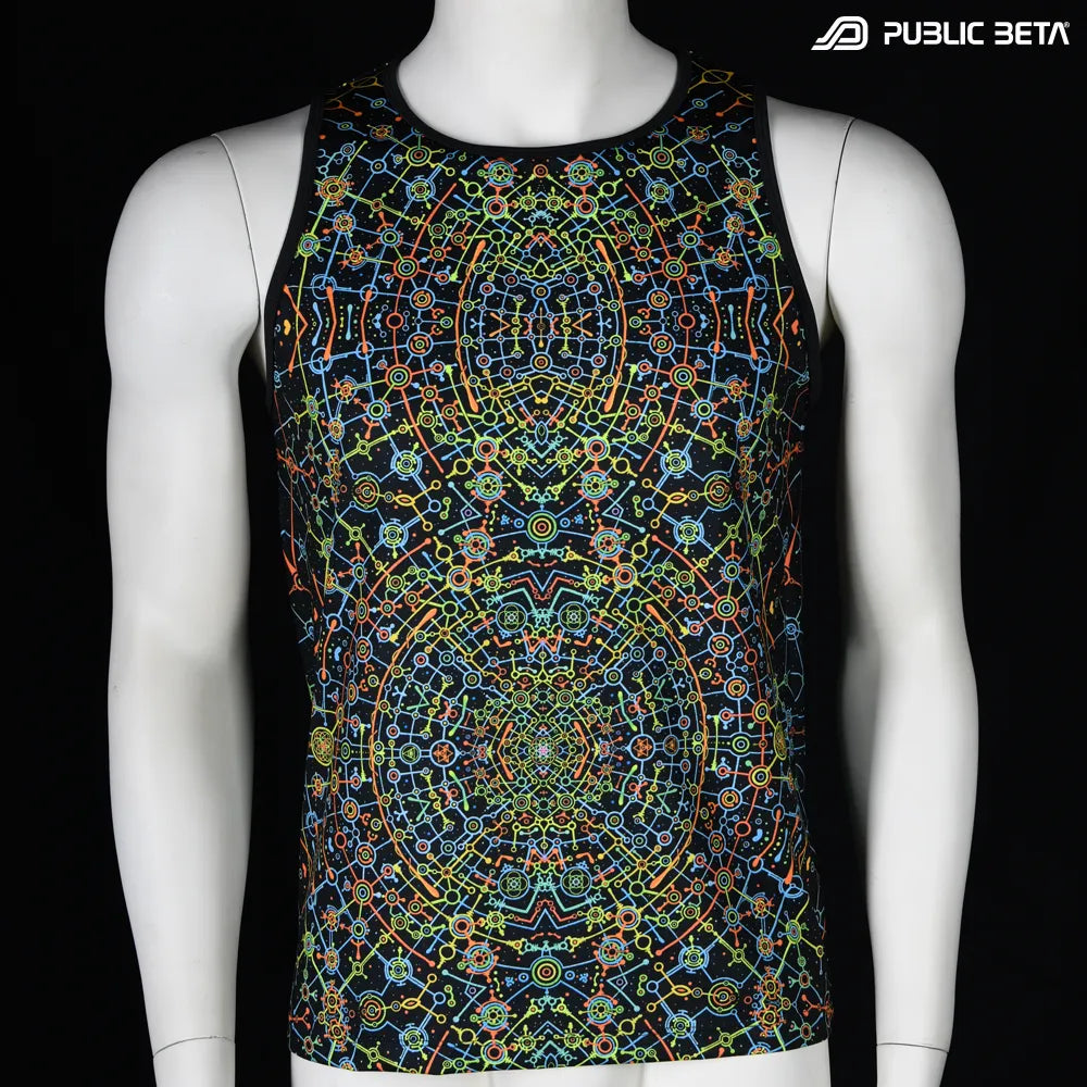 Sleeveless shirt with all-over UV-reactive print, photographed in natural light