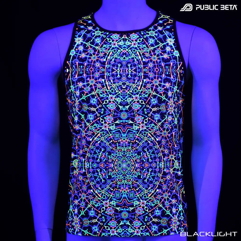 Sleeveless shirt  with dense pattern UV-reactive graphics glowing under blacklight