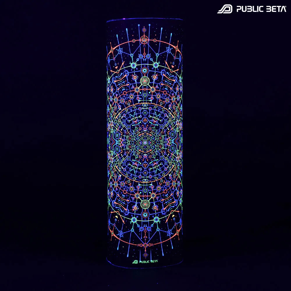Tube scarf with UV-reactive psychedelic art print glowing under blacklight