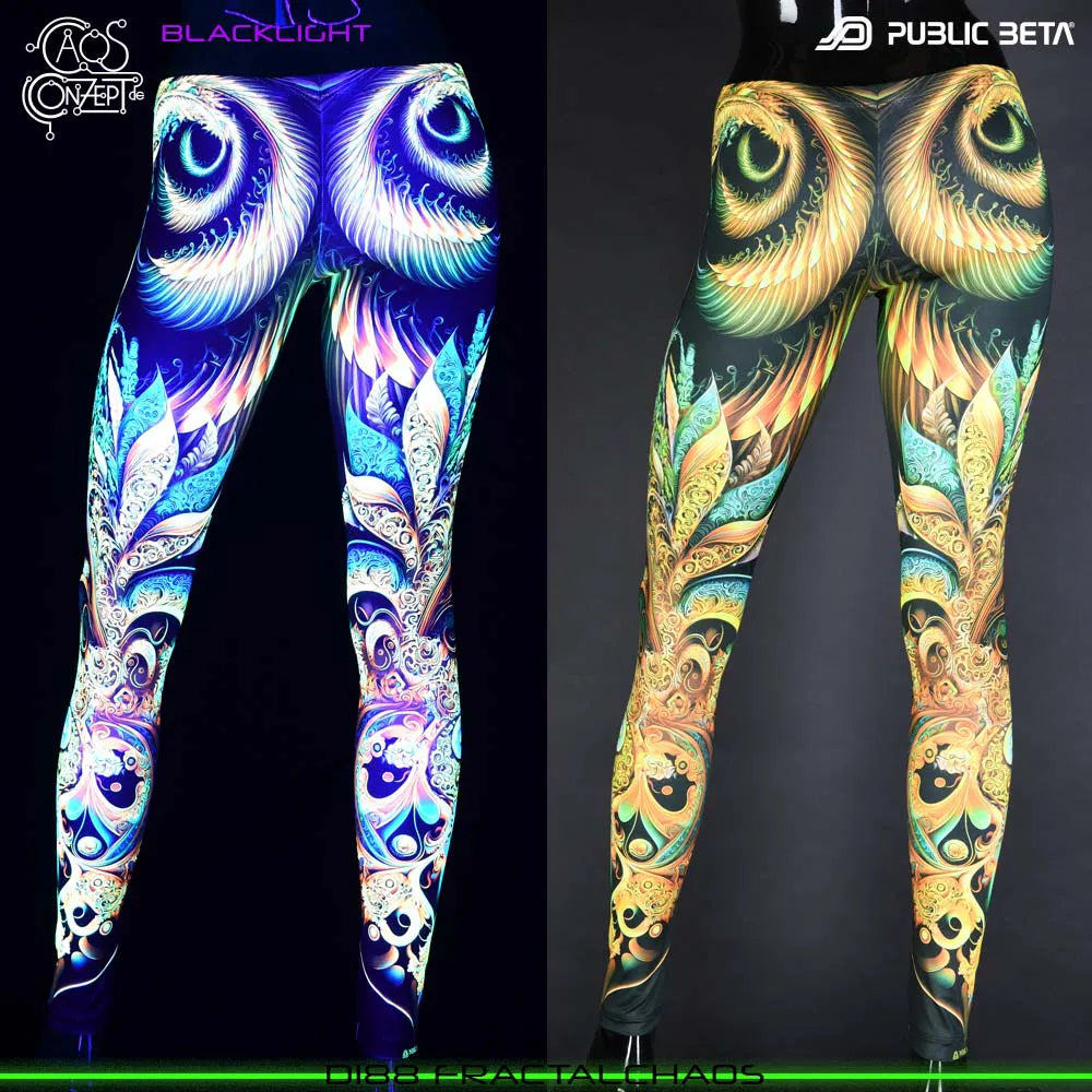 Uv reactive psychedelic art printed leggings shown in natural light and glowing under blacklight split image view