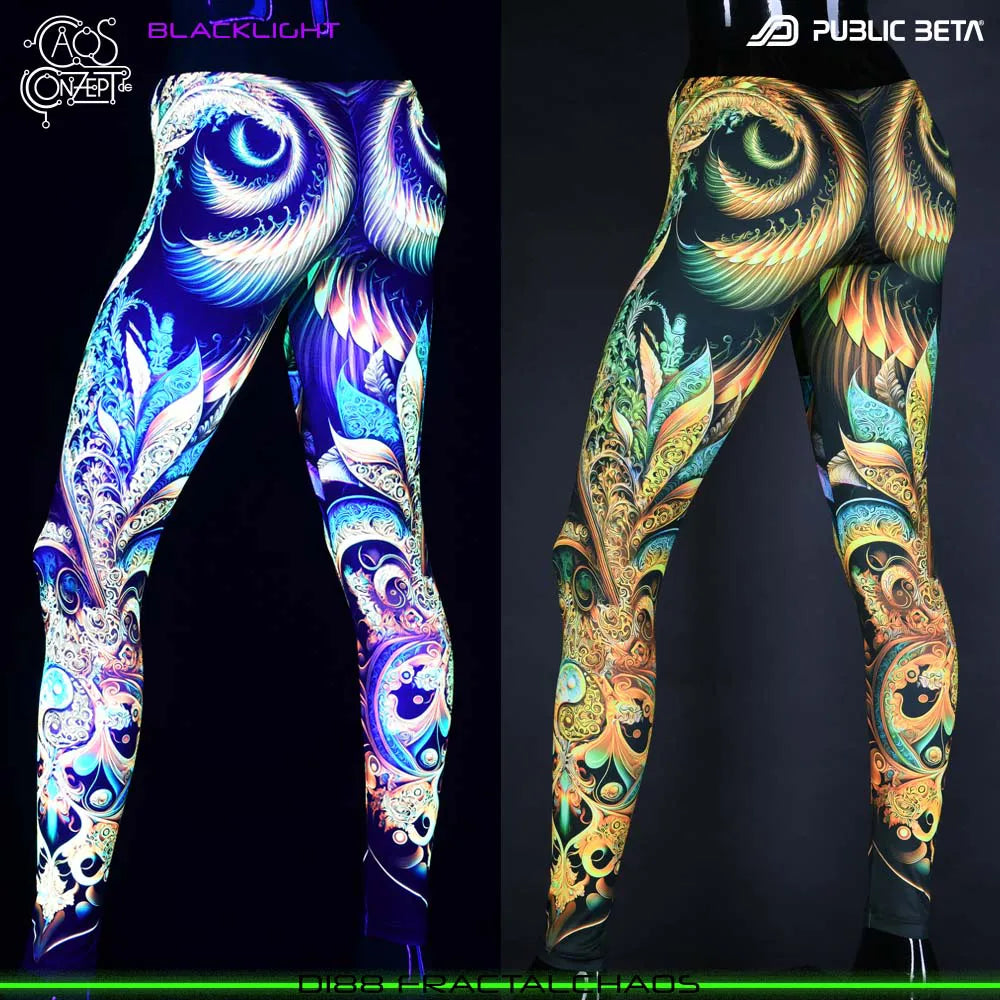 Uv reactive psychedelic art printed leggings shown in natural light and glowing under blacklight split image view