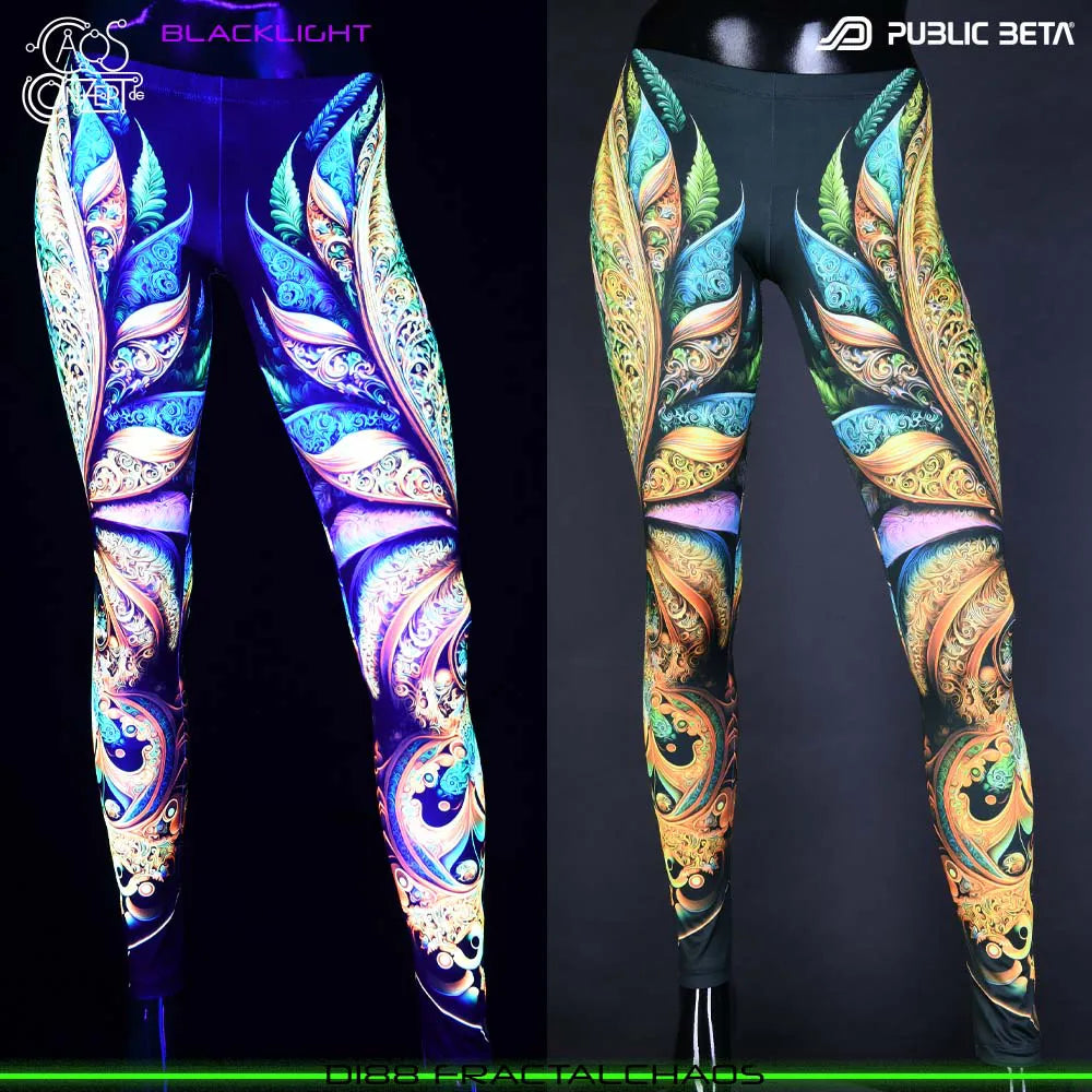 Uv reactive psychedelic art printed leggings shown in natural light and glowing under blacklight split image view