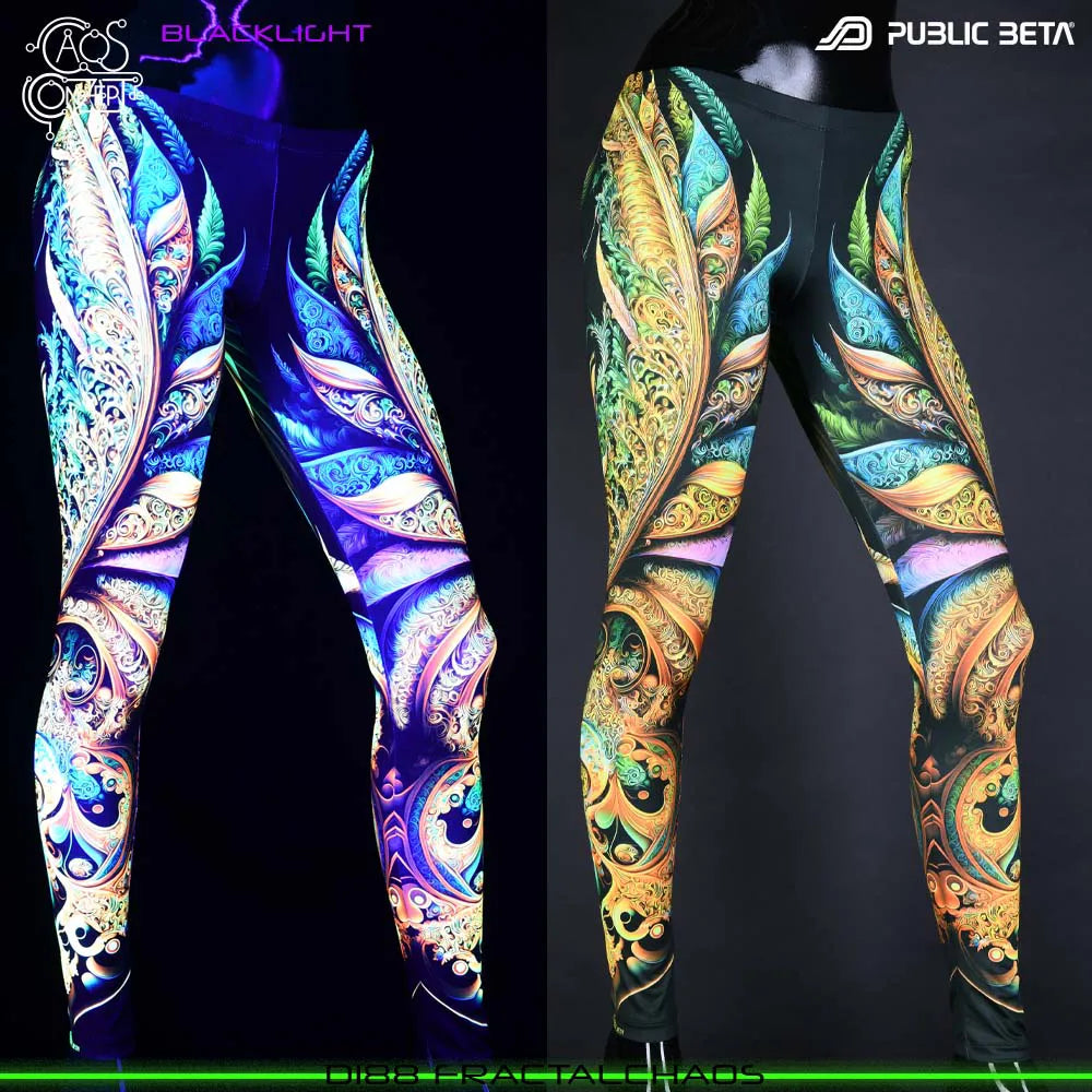 Uv reactive psychedelic art printed leggings shown in natural light and glowing under blacklight split image view