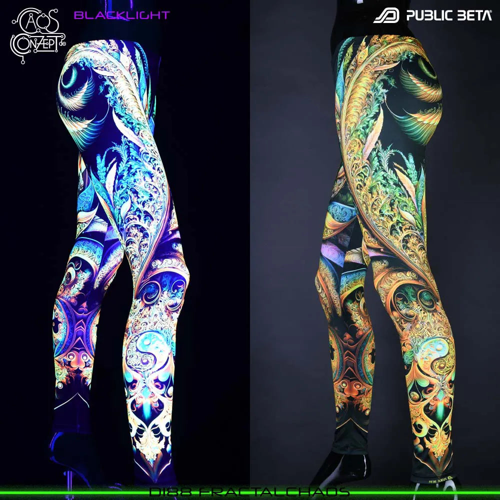 Uv reactive psychedelic art printed leggings shown in natural light and glowing under blacklight split image view
