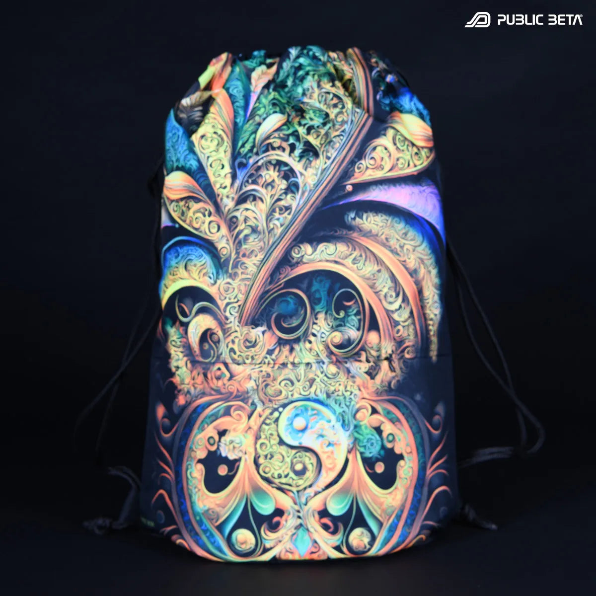 D188 Fractal Caos Drawstring bag with UV-reactive psychedelic art graphics